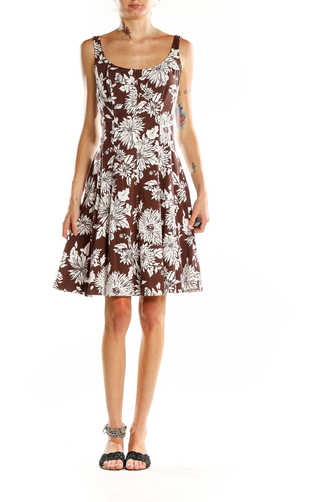 Brown Flare Floral Print Dress