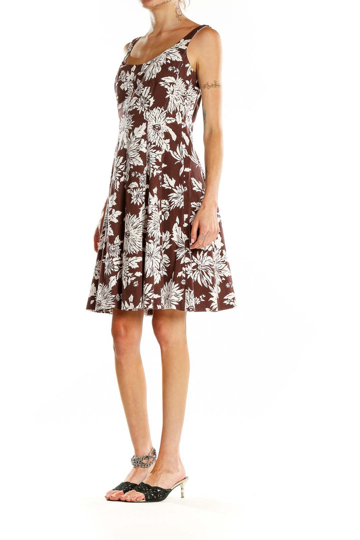 Brown Flare Floral Print Dress