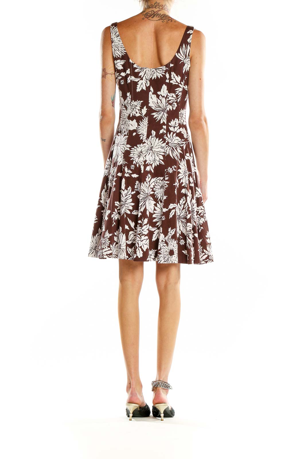 Brown Flare Floral Print Dress