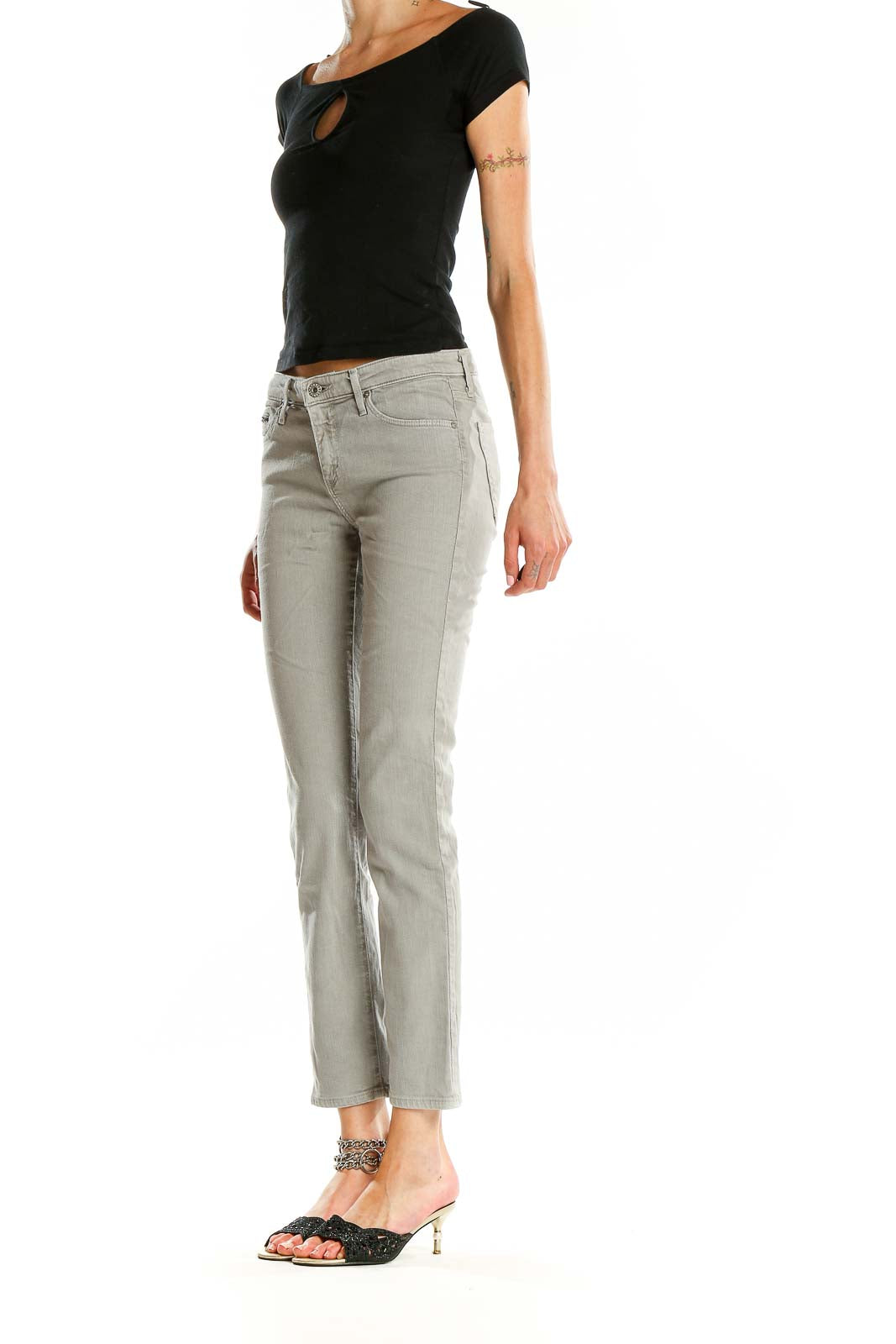 Front view of Adriano Goldschmied light gray slim fit jeans on model