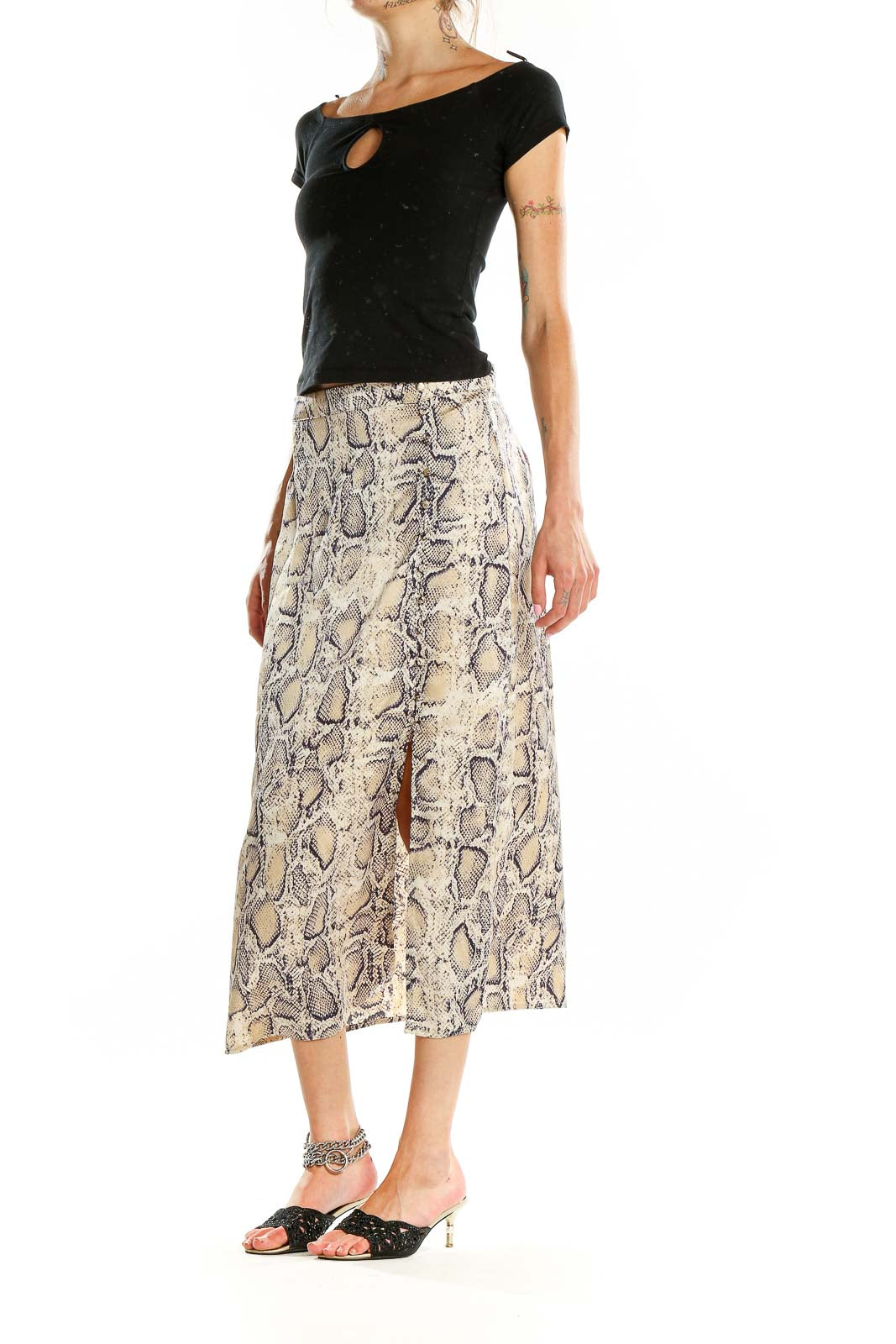 Beige Animal Print Midi Skirt