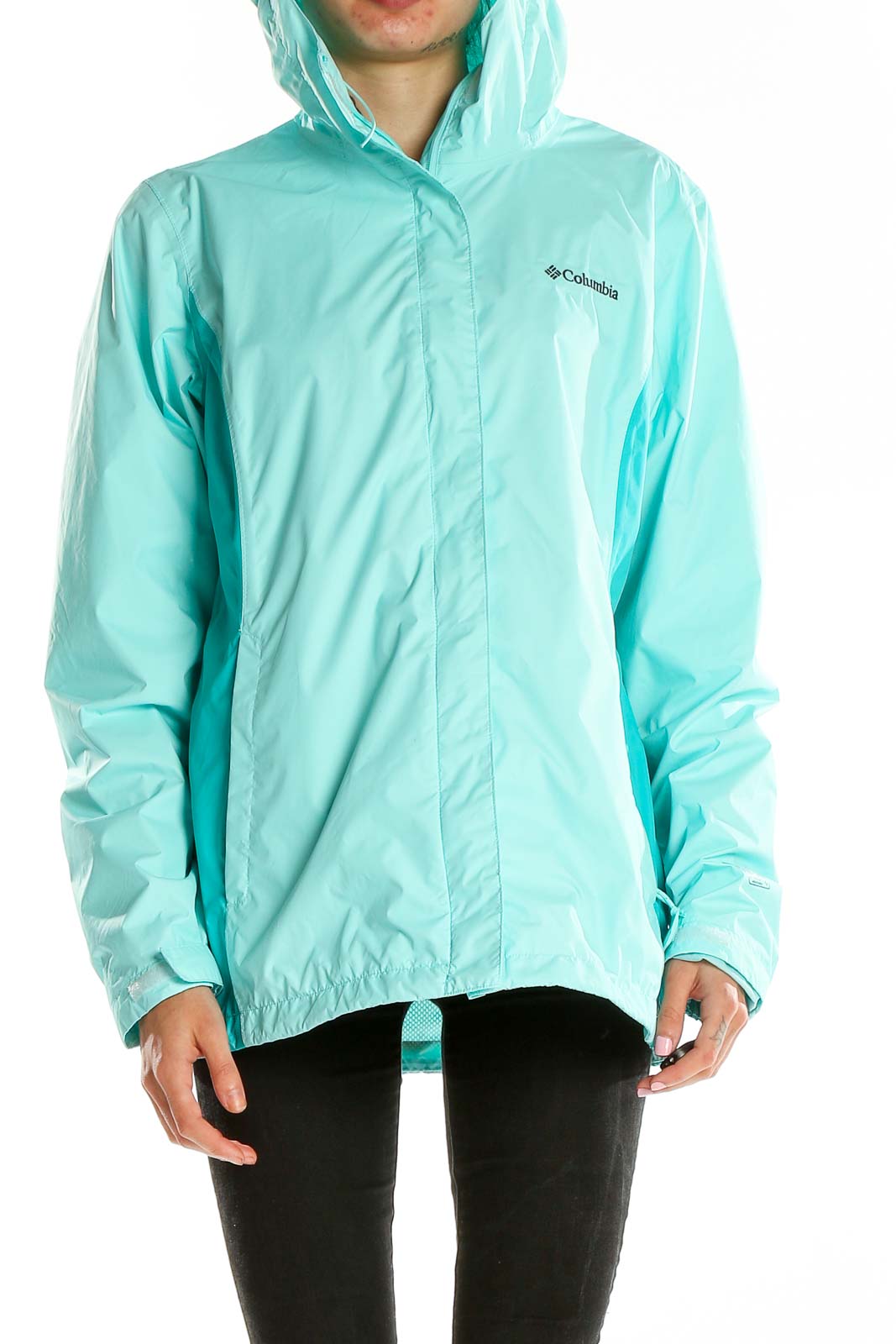 Front view of mint green Columbia hooded rain jacket