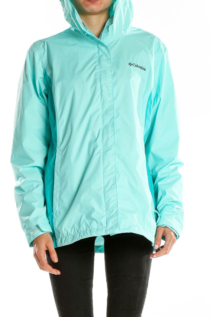 Front view of mint green Columbia hooded rain jacket