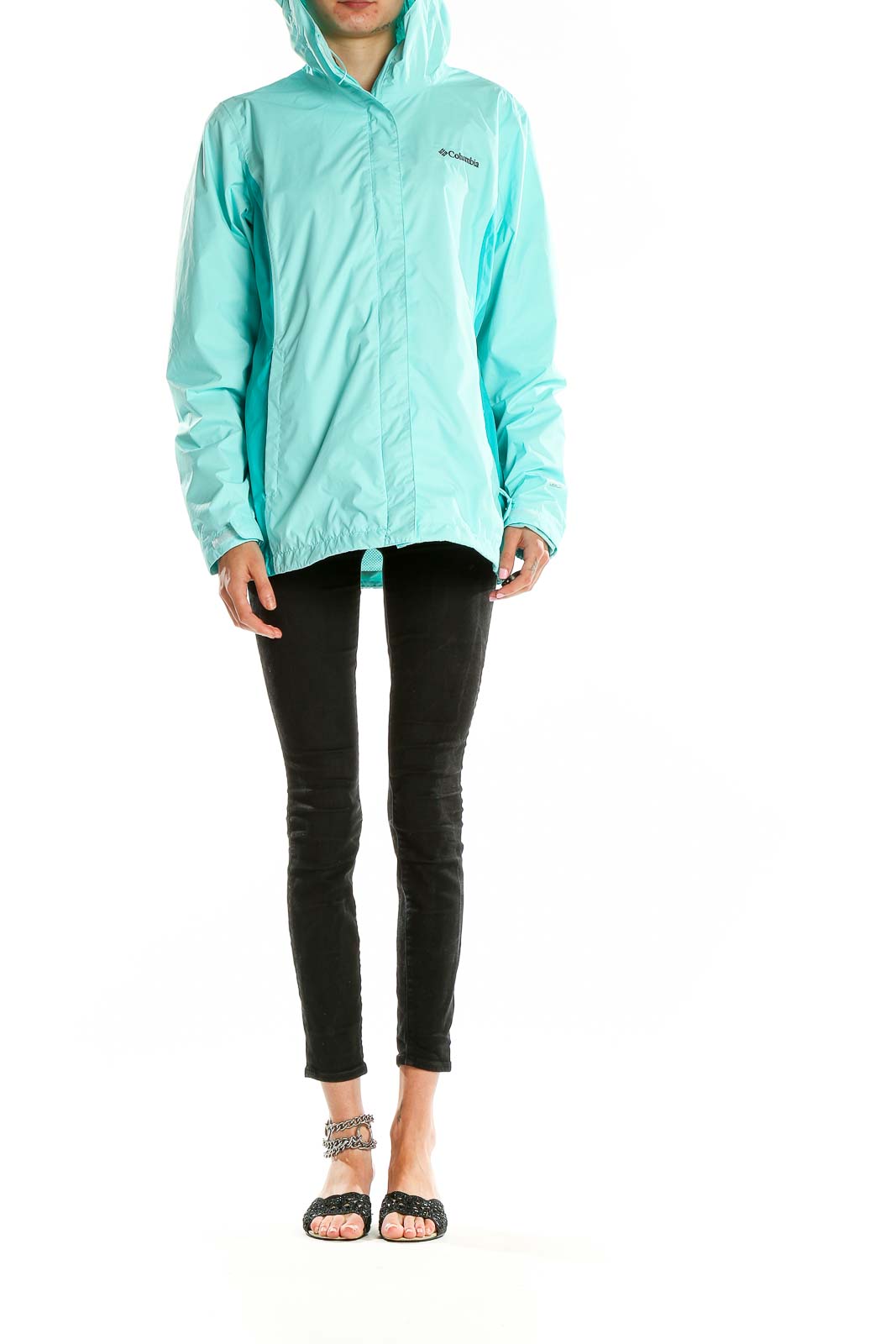 Front view of mint green Columbia hooded rain jacket