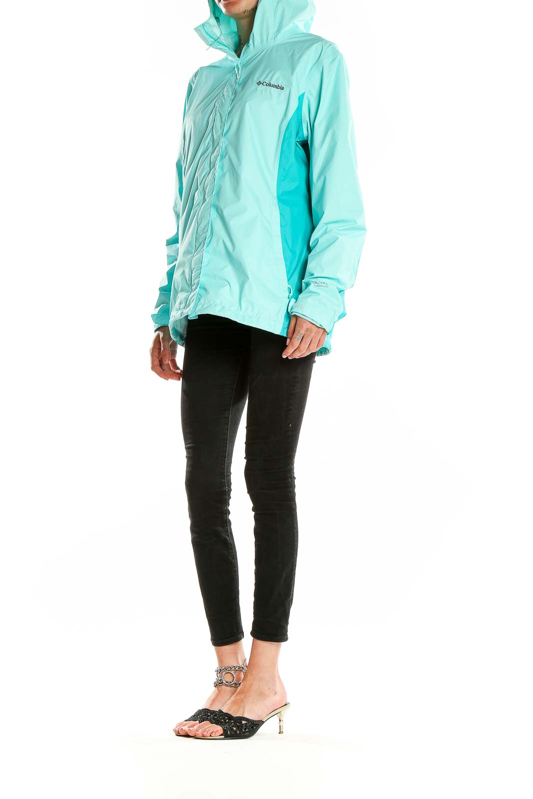 Front view of mint green Columbia hooded rain jacket