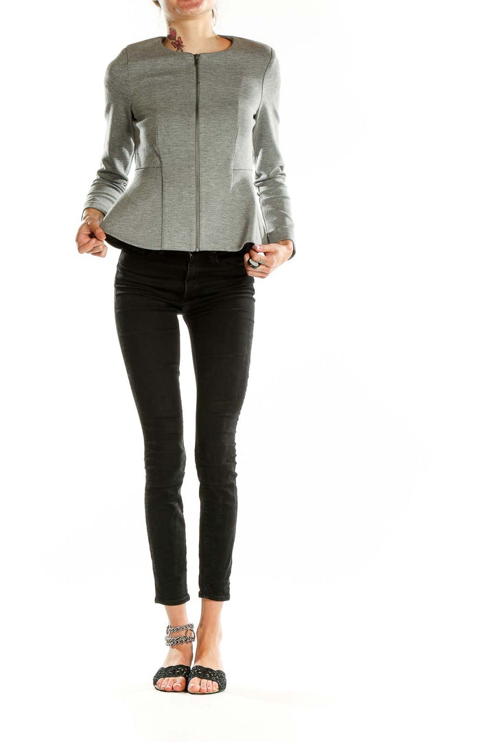 Front view of gray Topshop peplum jacket with zip closure