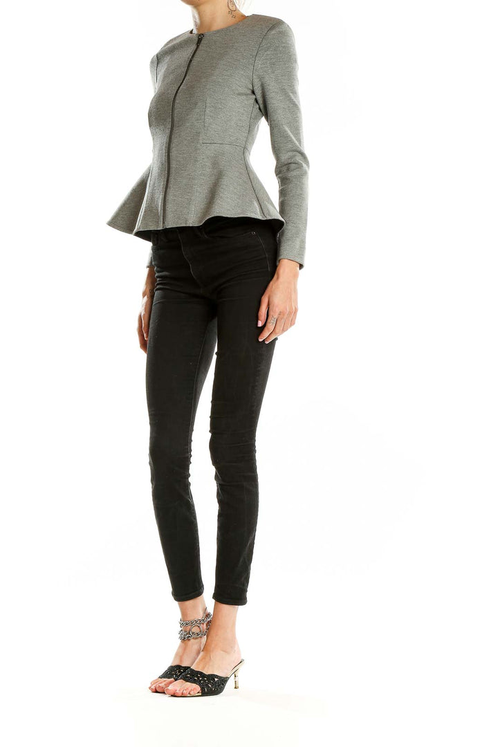 Front view of gray Topshop peplum jacket with zip closure