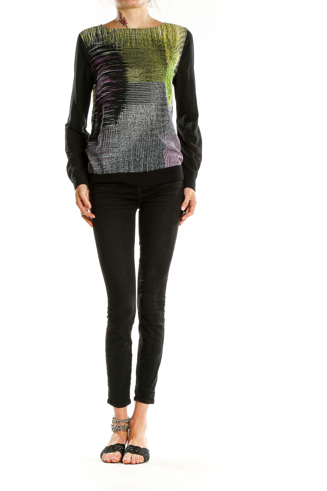 Front view of Calvin Klein Jeans abstract print long sleeve top in black, green, and purple