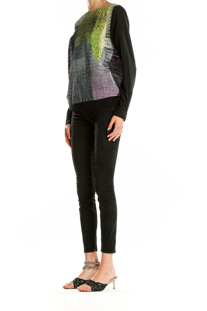 Front view of Calvin Klein Jeans abstract print long sleeve top in black, green, and purple