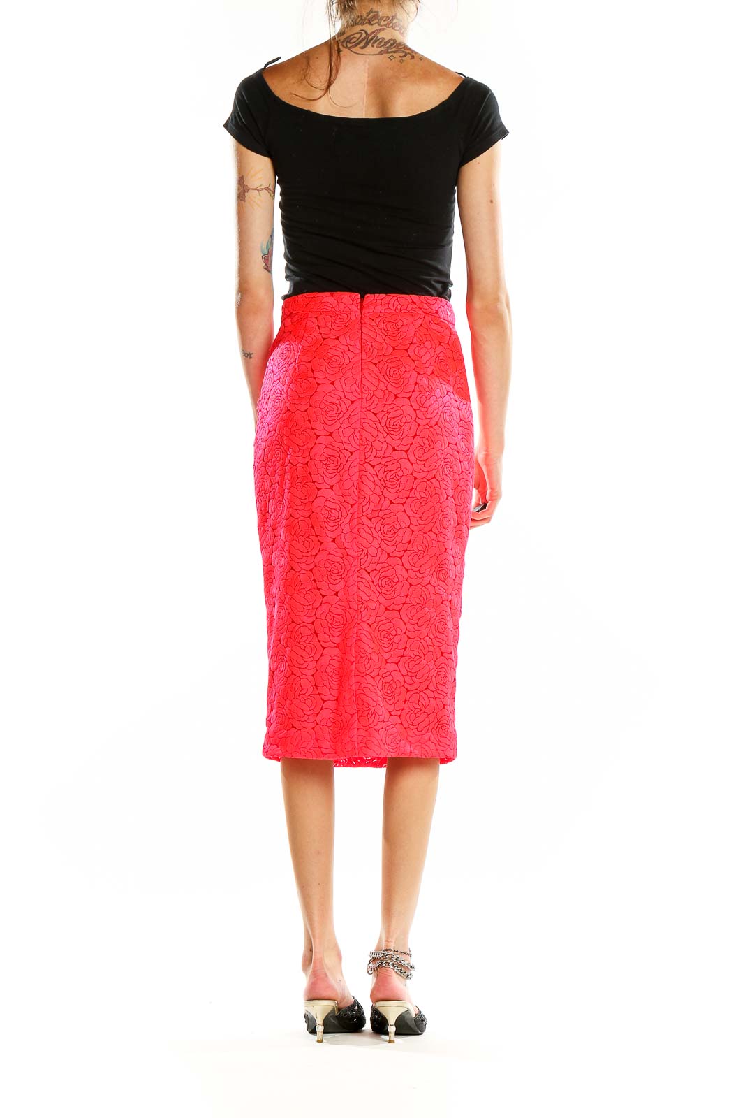 Back view of ALC red floral lace pencil skirt with black top