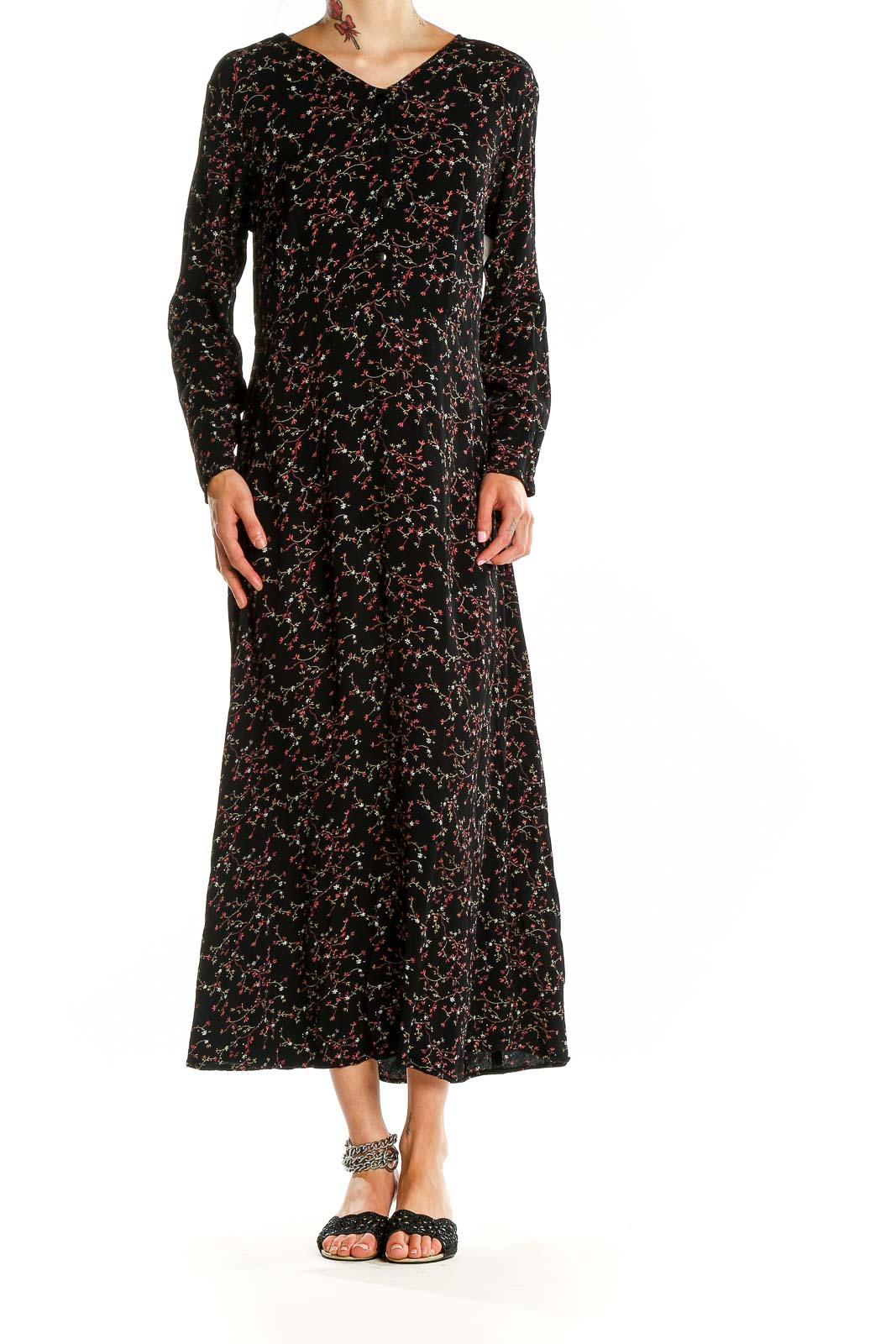 Front view of Putumayo black floral print rayon maxi dress with long sleeves