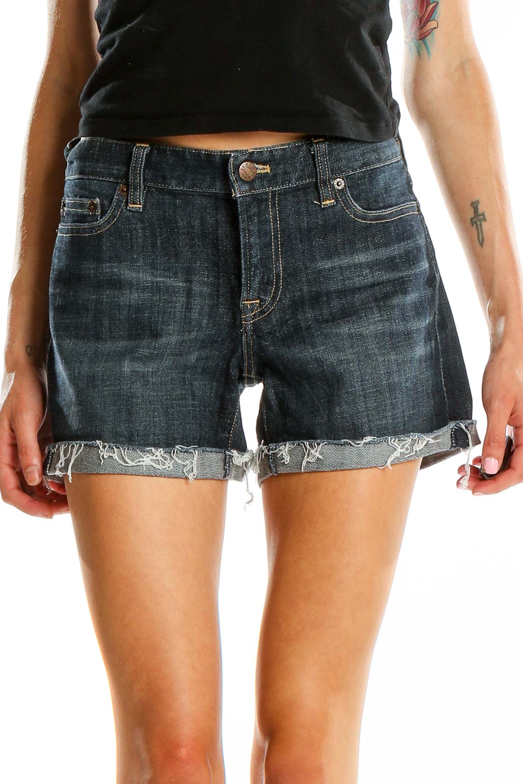 Front view of J.Crew dark blue denim shorts with cuffed hem