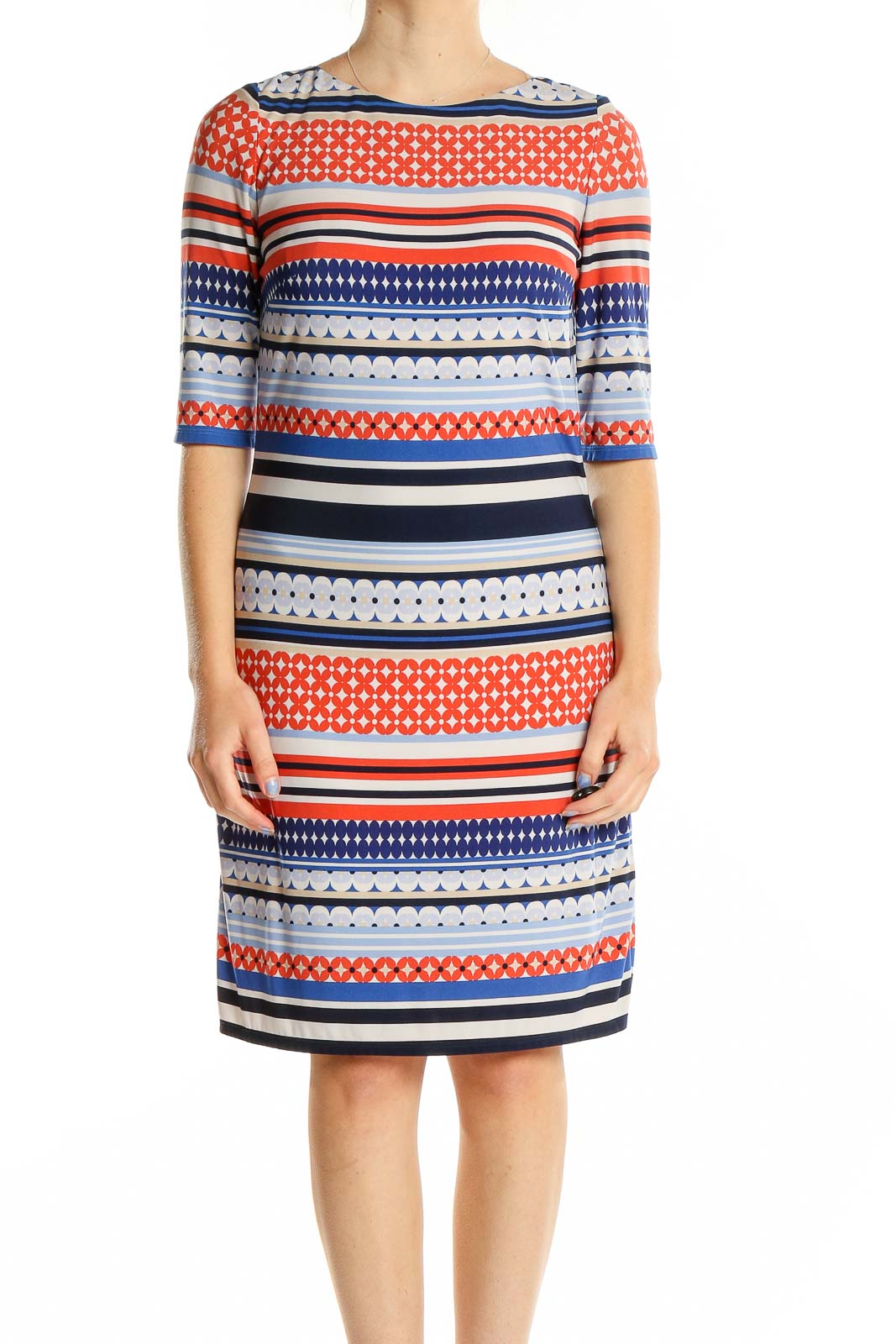 Front view of Eliza J blue and orange geometric print fitted dress