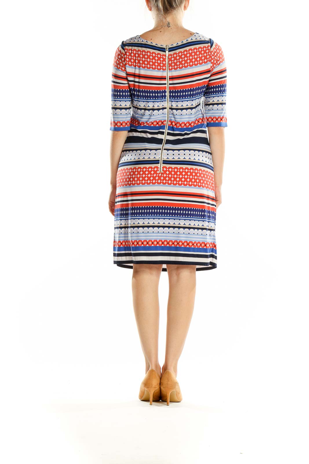 Back view of Eliza J blue and orange geometric print fitted dress with zipper closure