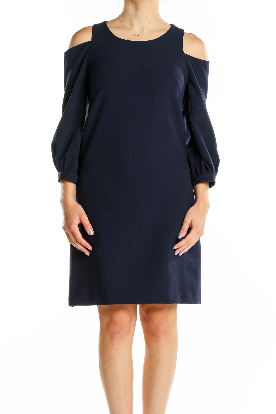 Front view of Eliza J navy cold-shoulder cocktail dress with balloon sleeves