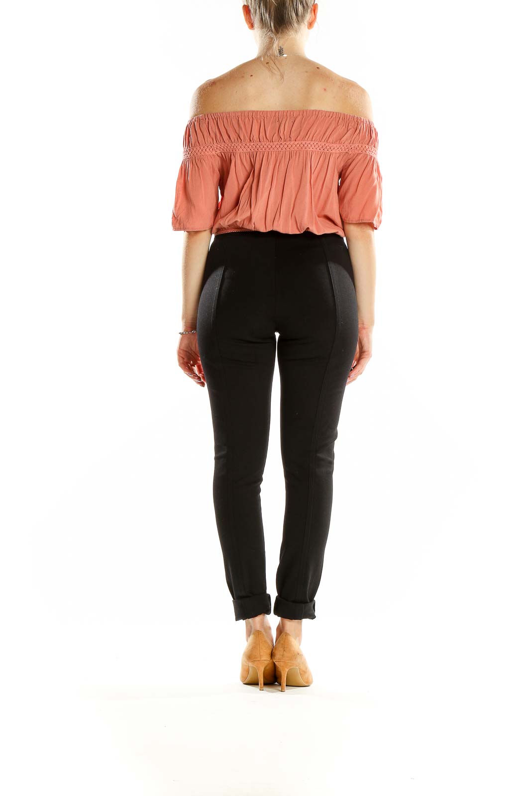 Back view of Kendall + Kylie coral off-shoulder cropped top showing gathered neckline