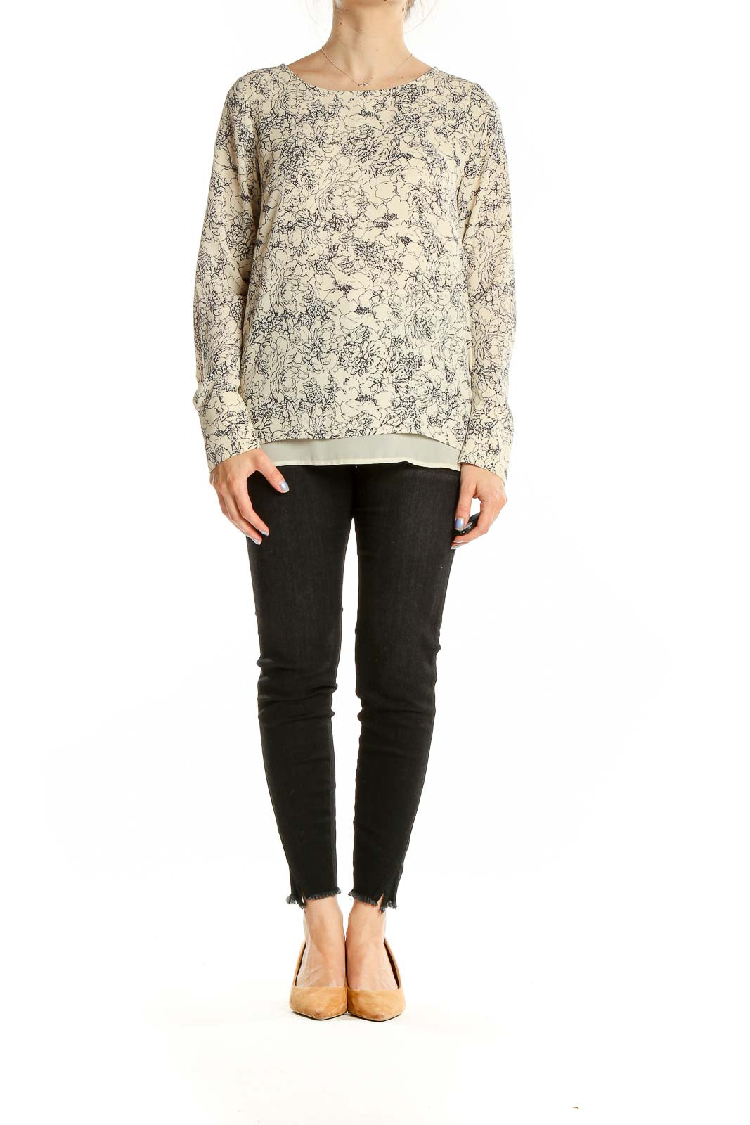 Front view of beige floral print long sleeve blouse from The Limited