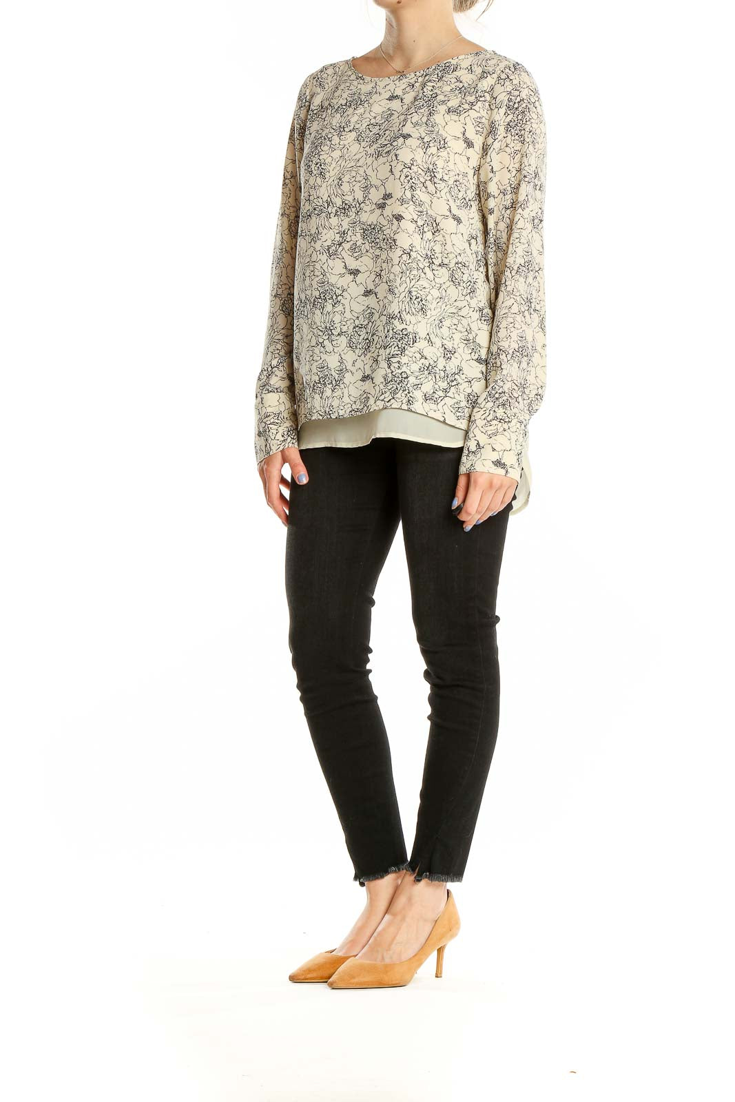 Front view of beige floral print long sleeve blouse from The Limited