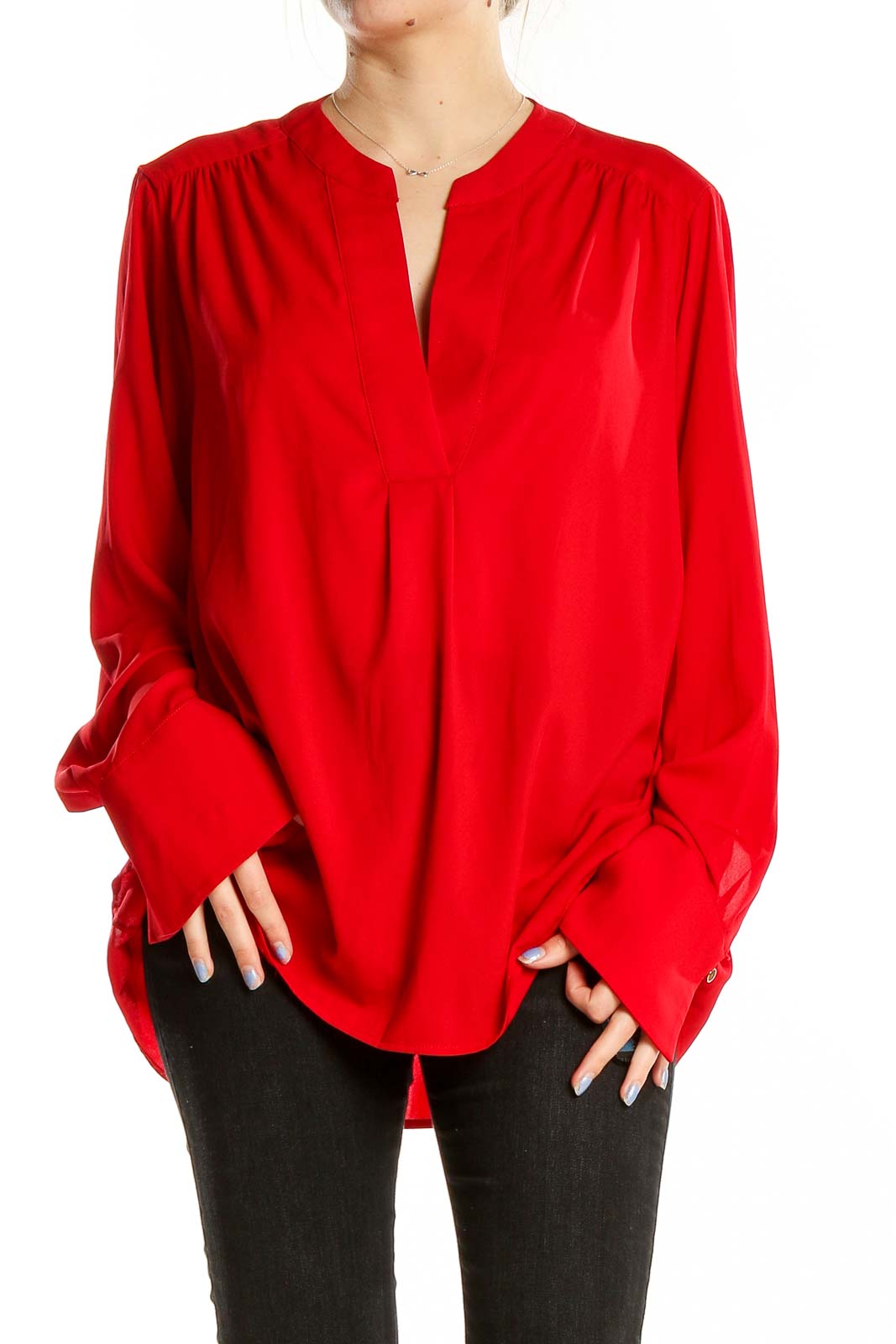 Front view of red Calvin Klein V-neck blouse with long sleeves