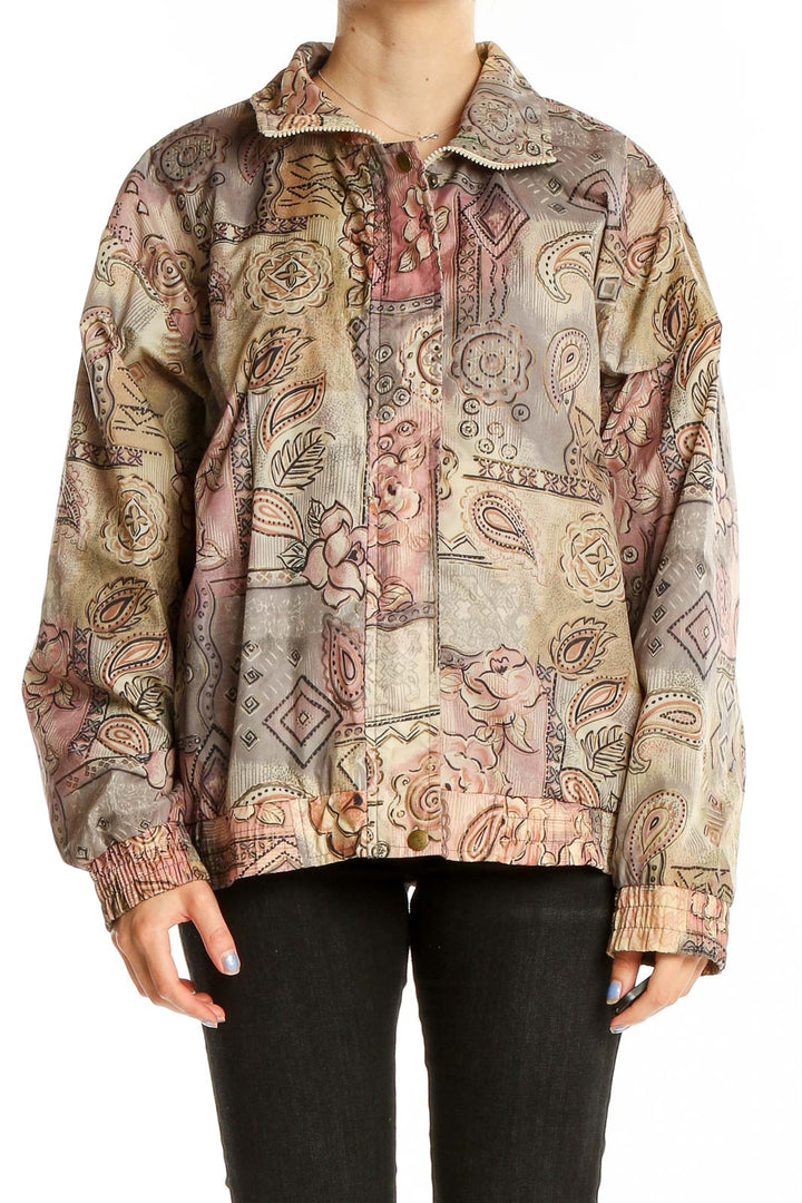 Front view of beige floral paisley nylon jacket by Westside Collection