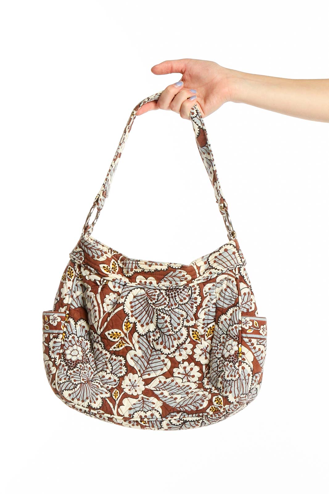 Front view of Vera Bradley brown floral print shoulder bag