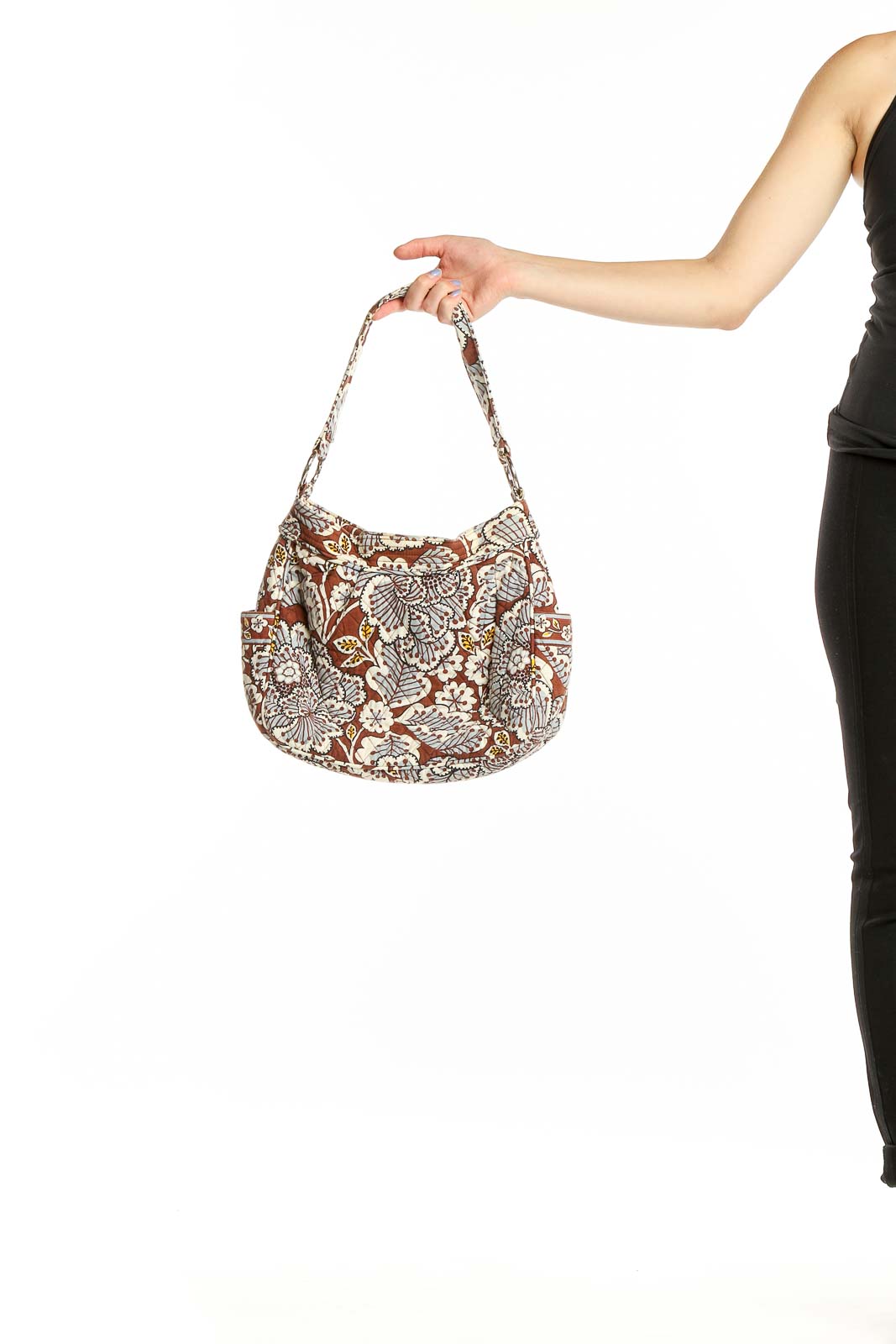 Front view of Vera Bradley brown floral print shoulder bag