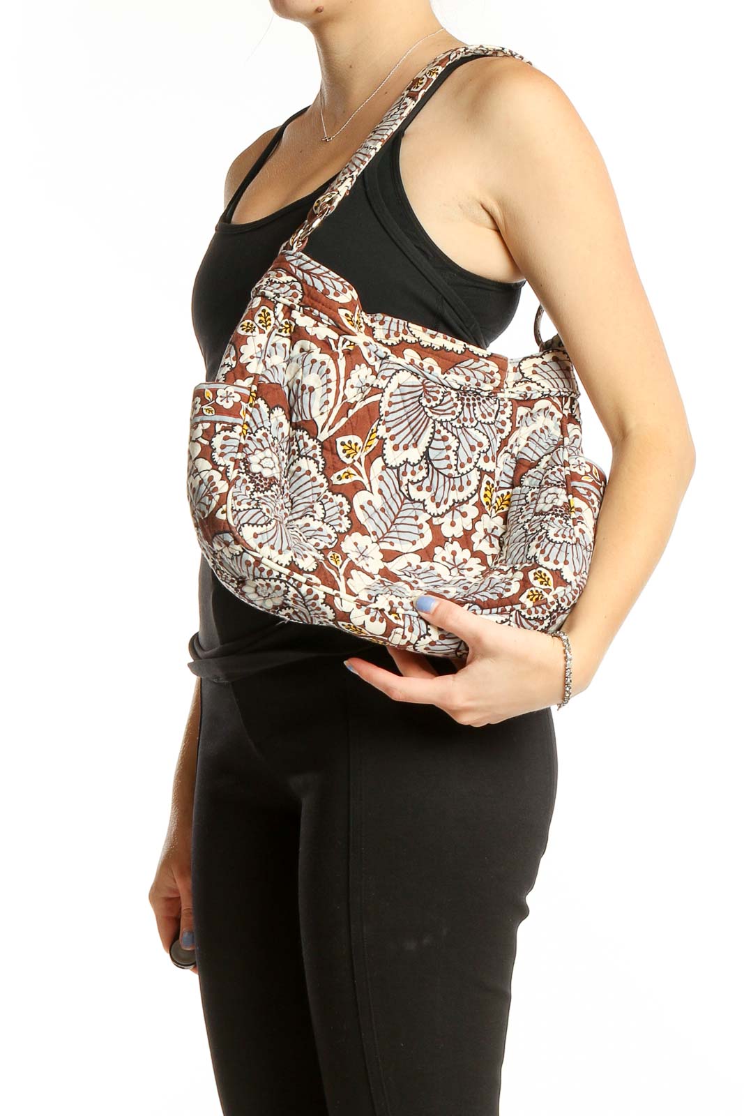 Front view of Vera Bradley brown floral print shoulder bag