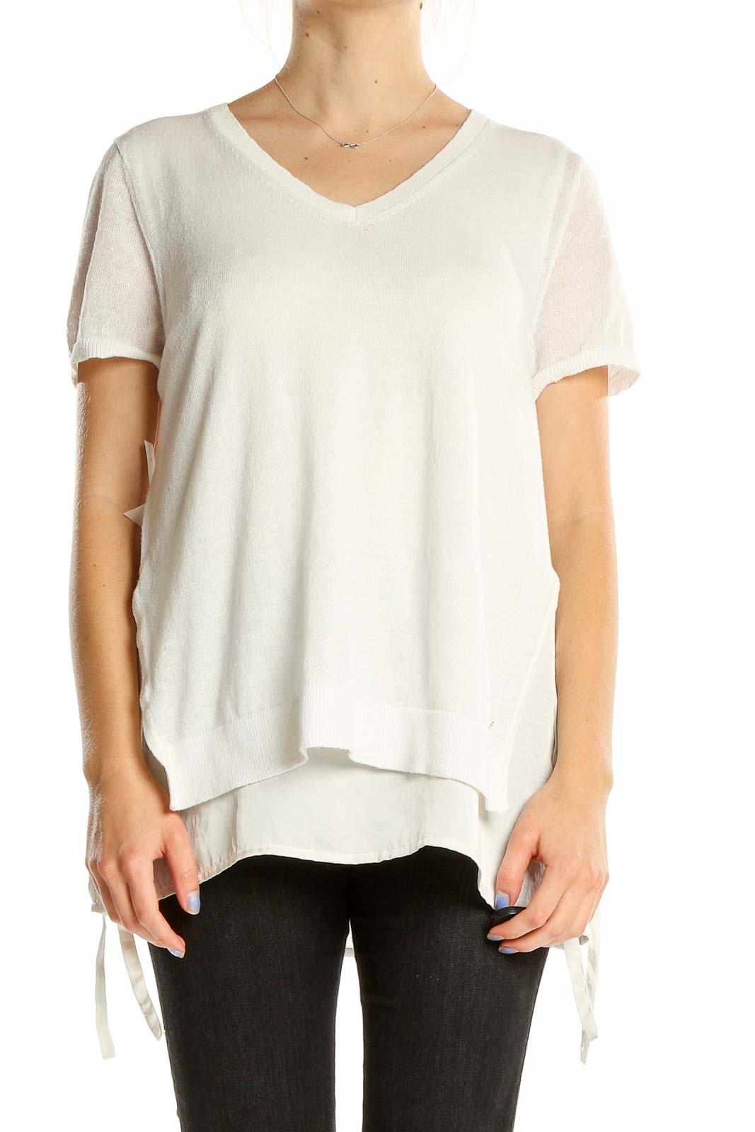 Front view of DKNY white layered V-neck top with side ties