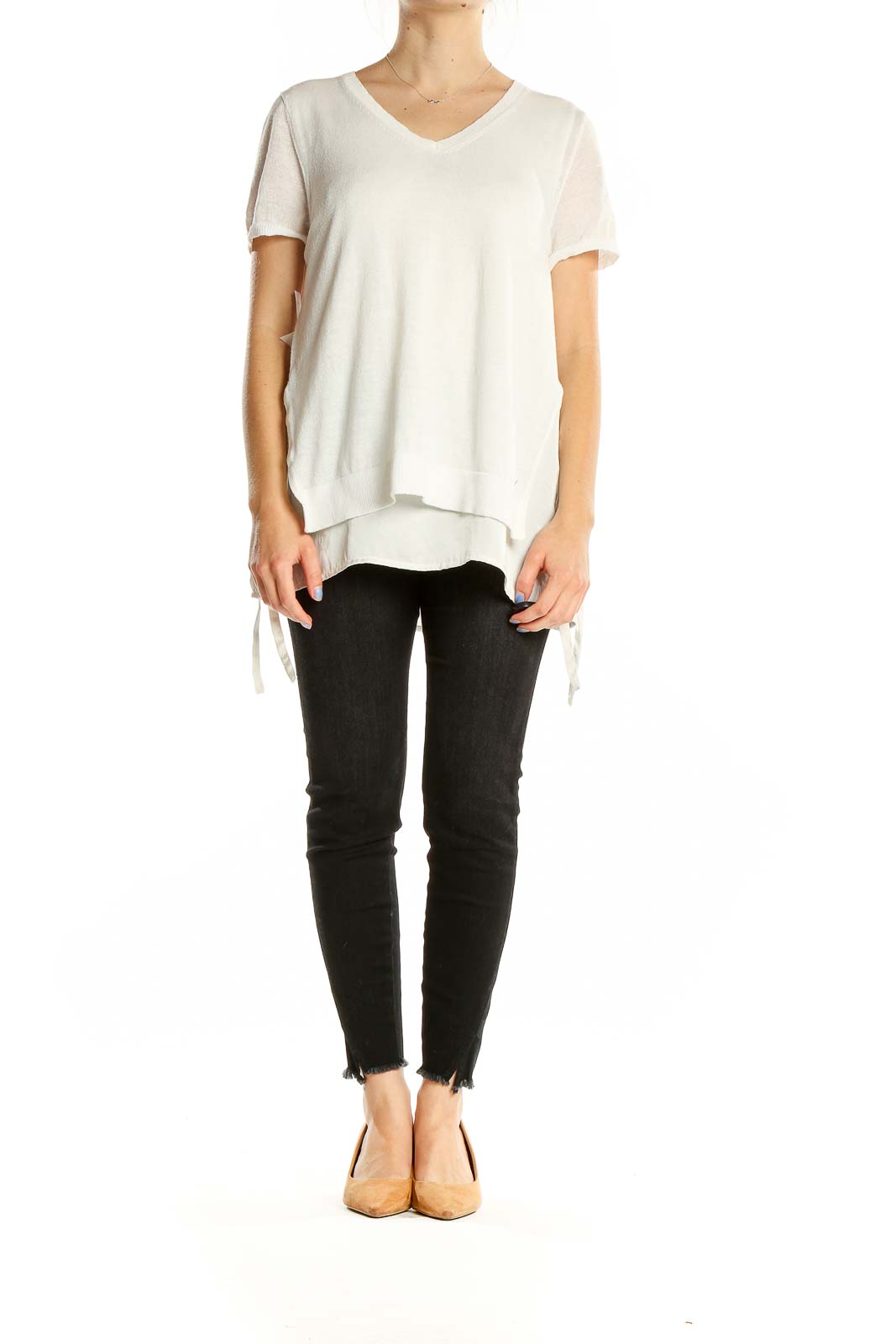 Front view of DKNY white layered V-neck top with side ties