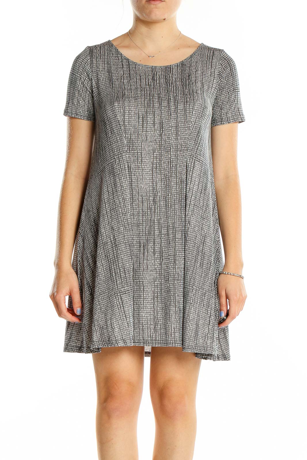 Front view of gray textured short sleeve swing dress by Silence + Noise