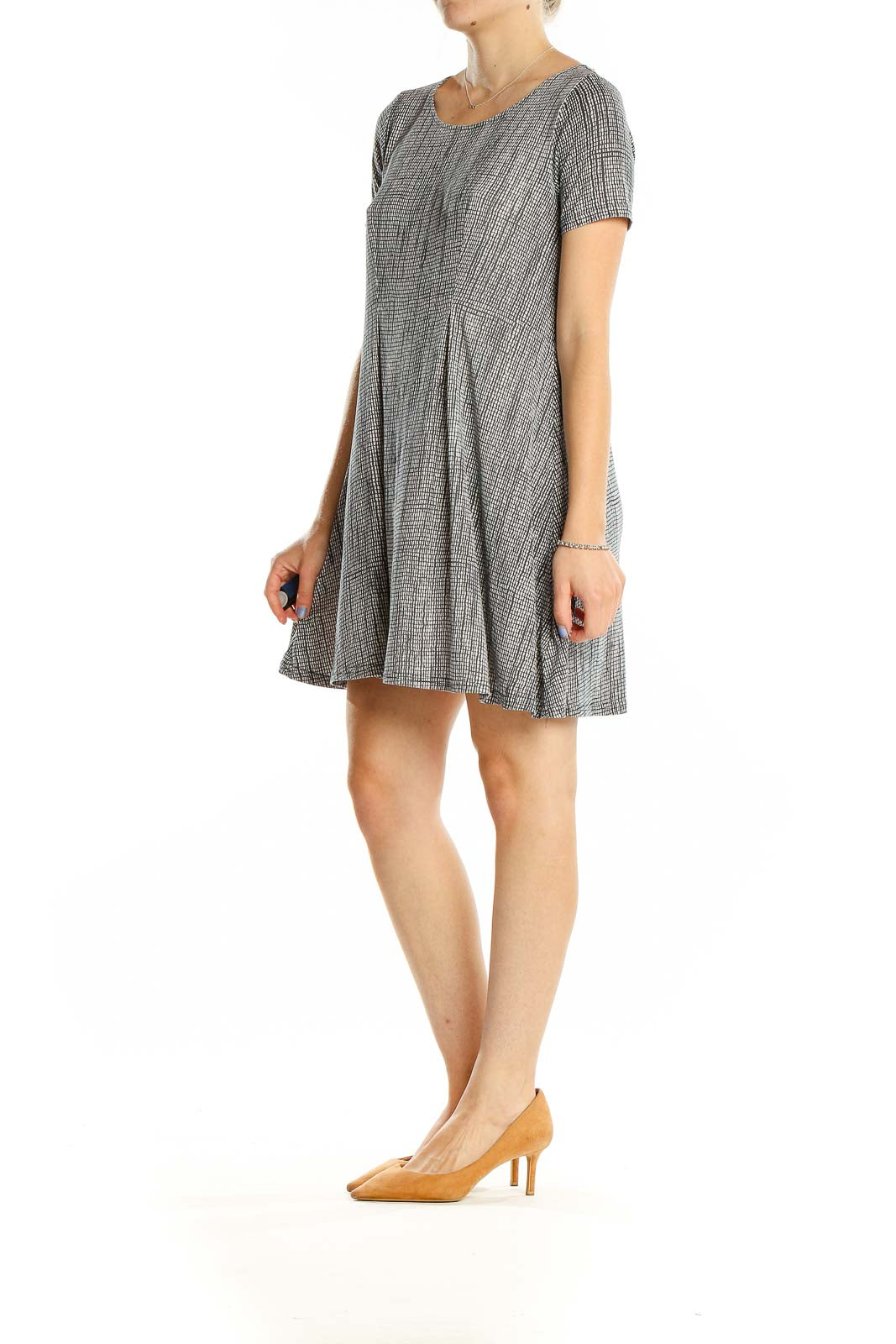 Front view of gray textured short sleeve swing dress by Silence + Noise