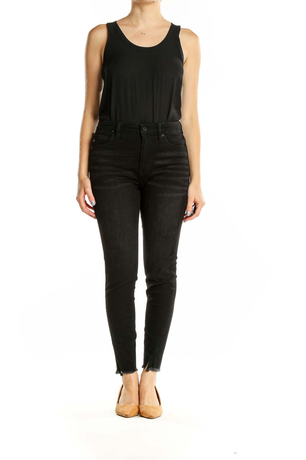 Front view of Kancan black high-waisted skinny jeans with raw hem