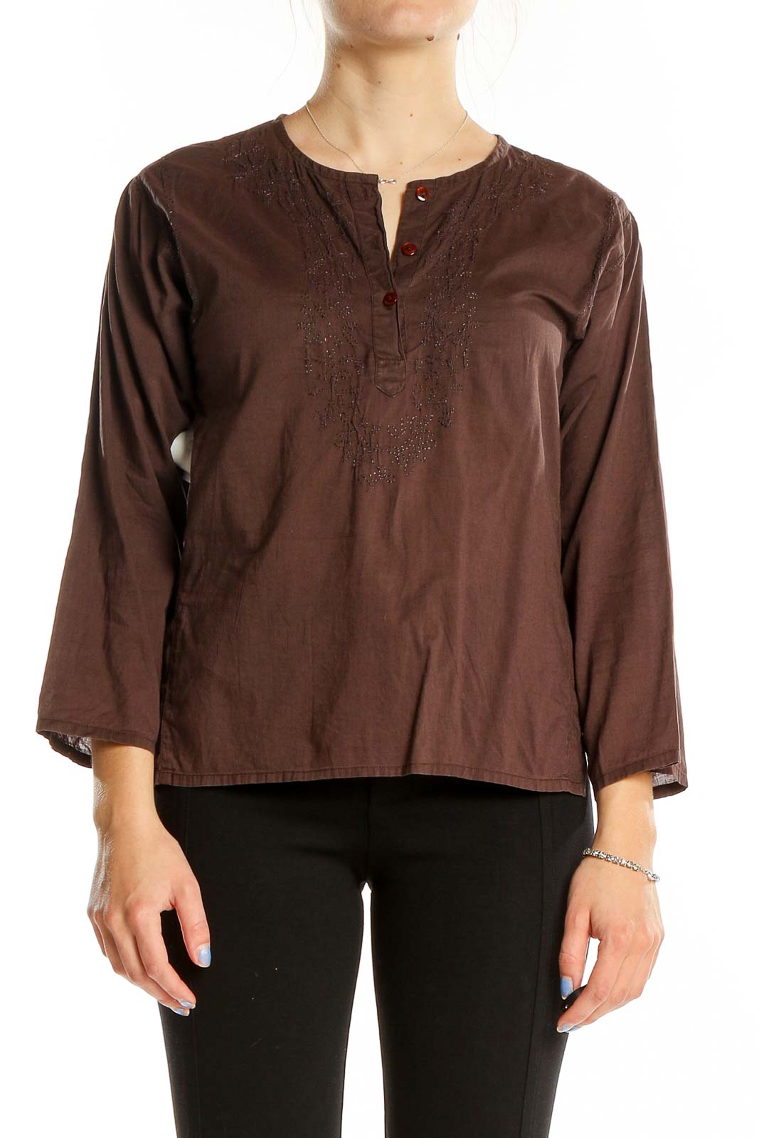 Front view of Trina Turk brown embroidered cotton tunic top