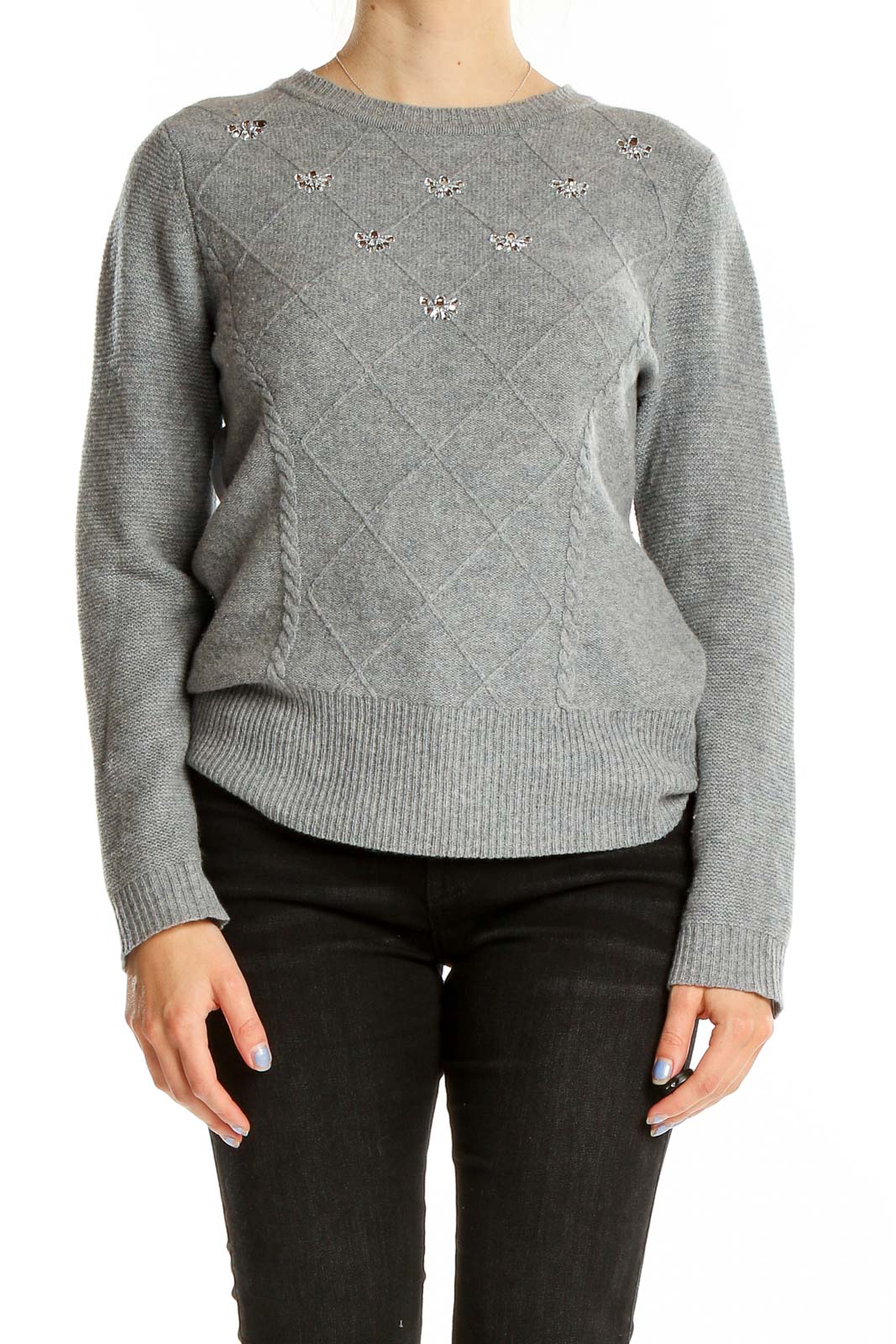 Front view of gray Amphora Merino wool sweater with crystal embellishments