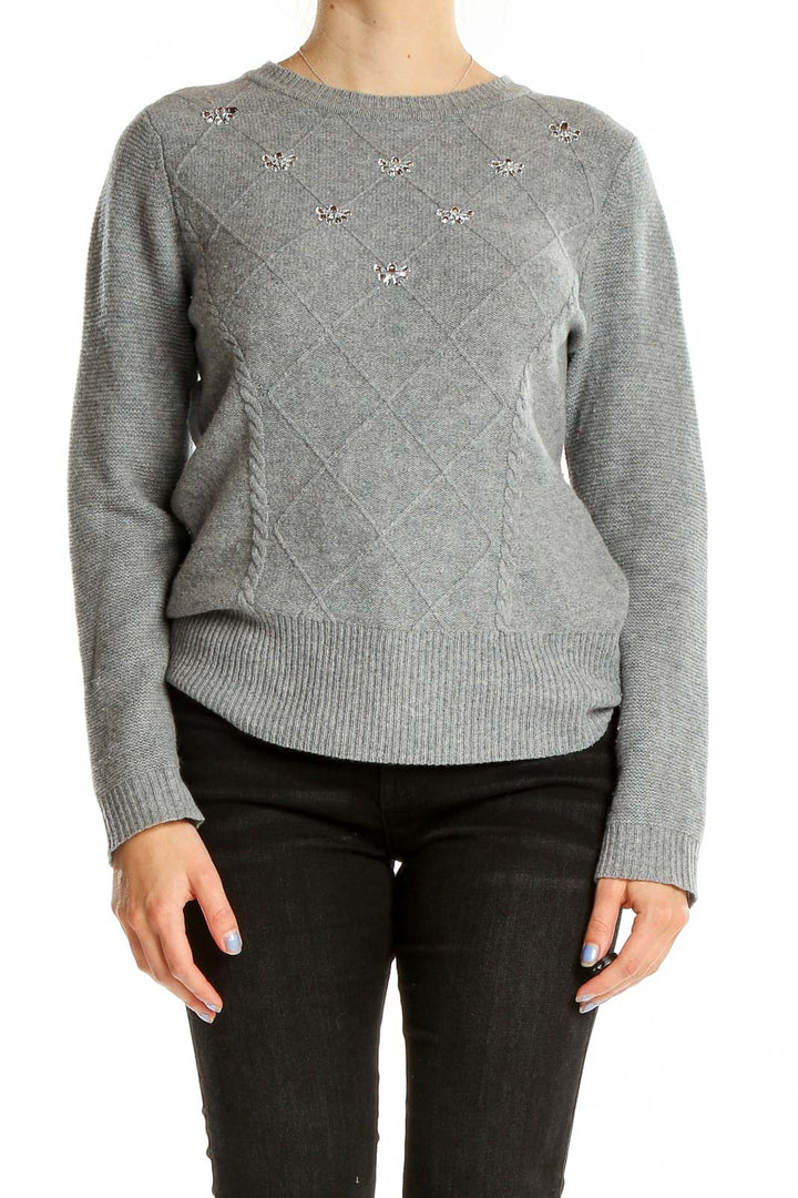 Front view of gray Amphora Merino wool sweater with crystal embellishments