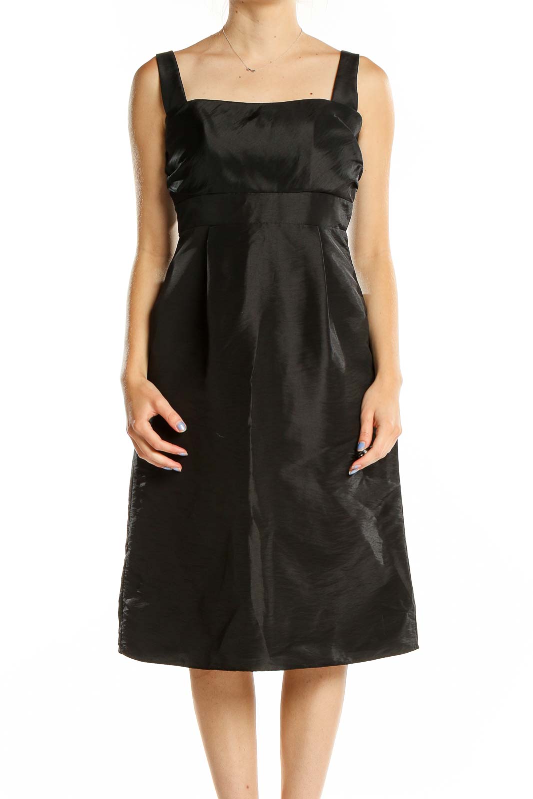 Front view of black acetate midi dress with square neckline