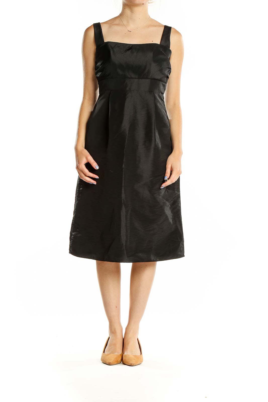 Front view of black acetate midi dress with square neckline