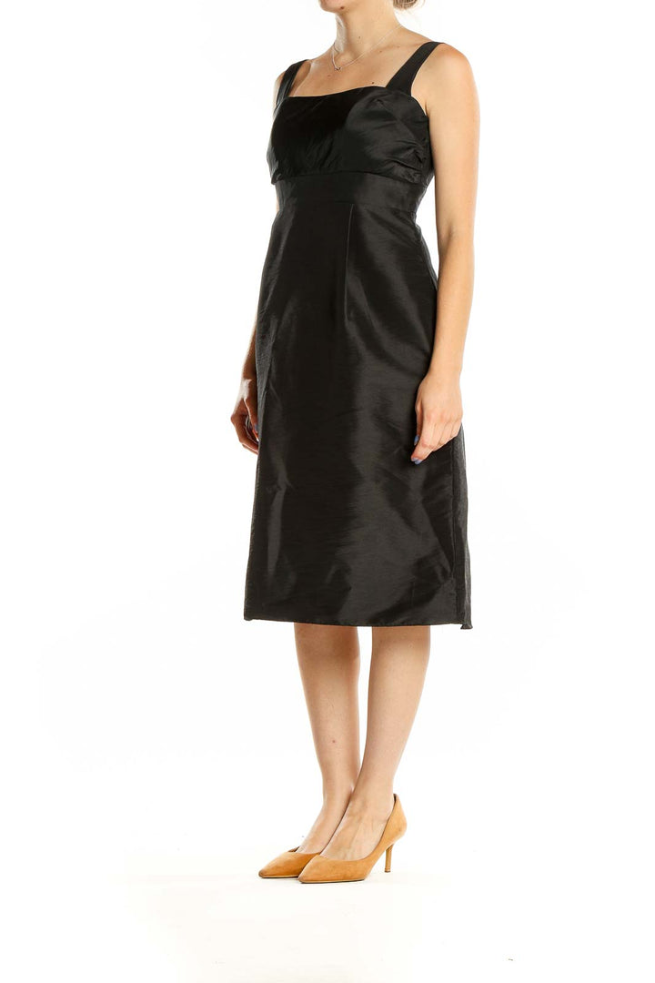 Front view of black acetate midi dress with square neckline