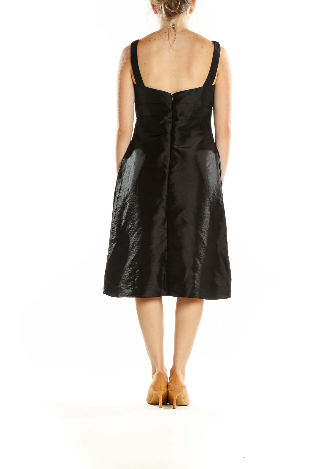 Back view of black acetate midi dress with concealed zipper