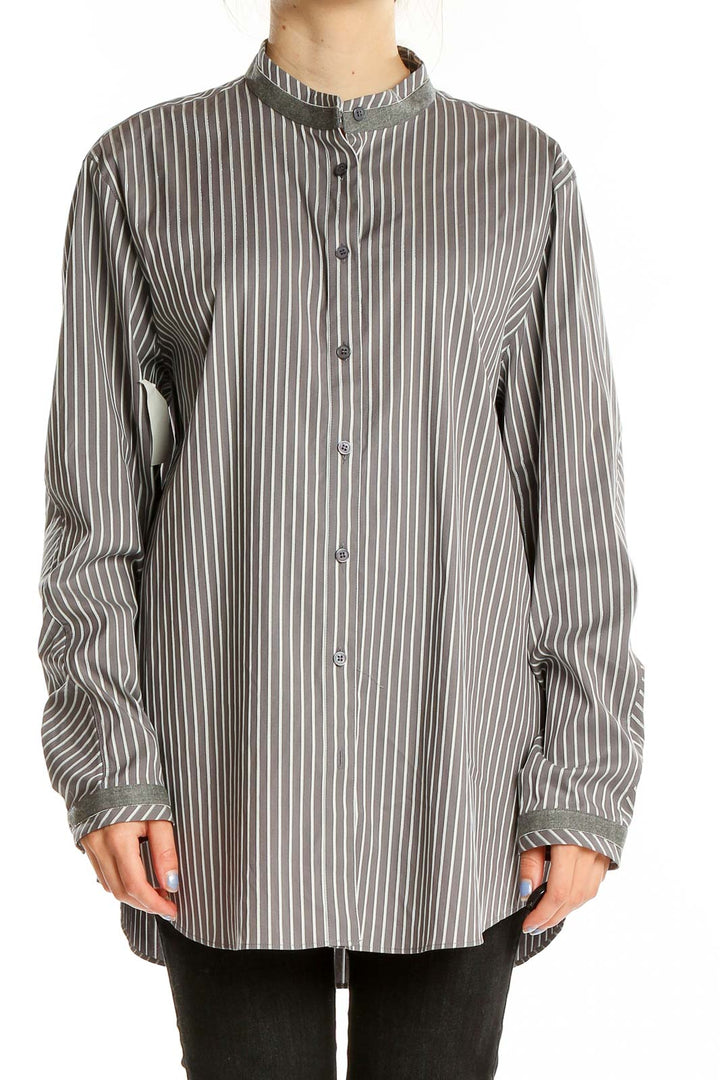 Front view of Lafayette 148 New York gray striped button-down tunic