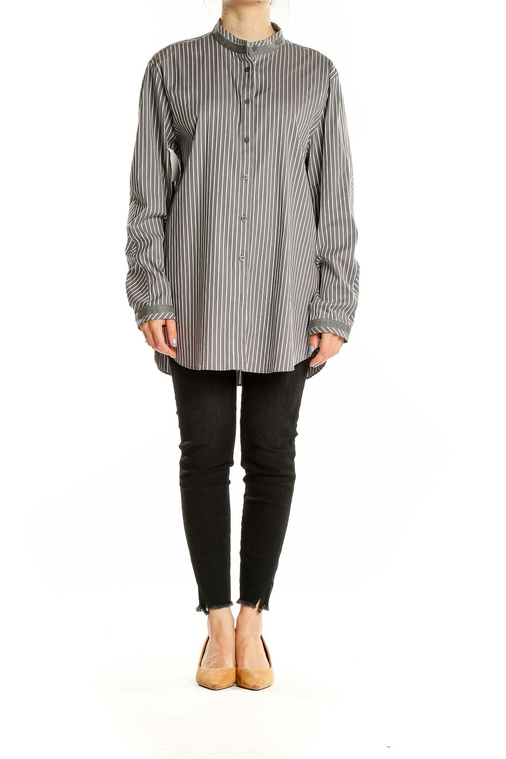 Front view of Lafayette 148 New York gray striped button-down tunic