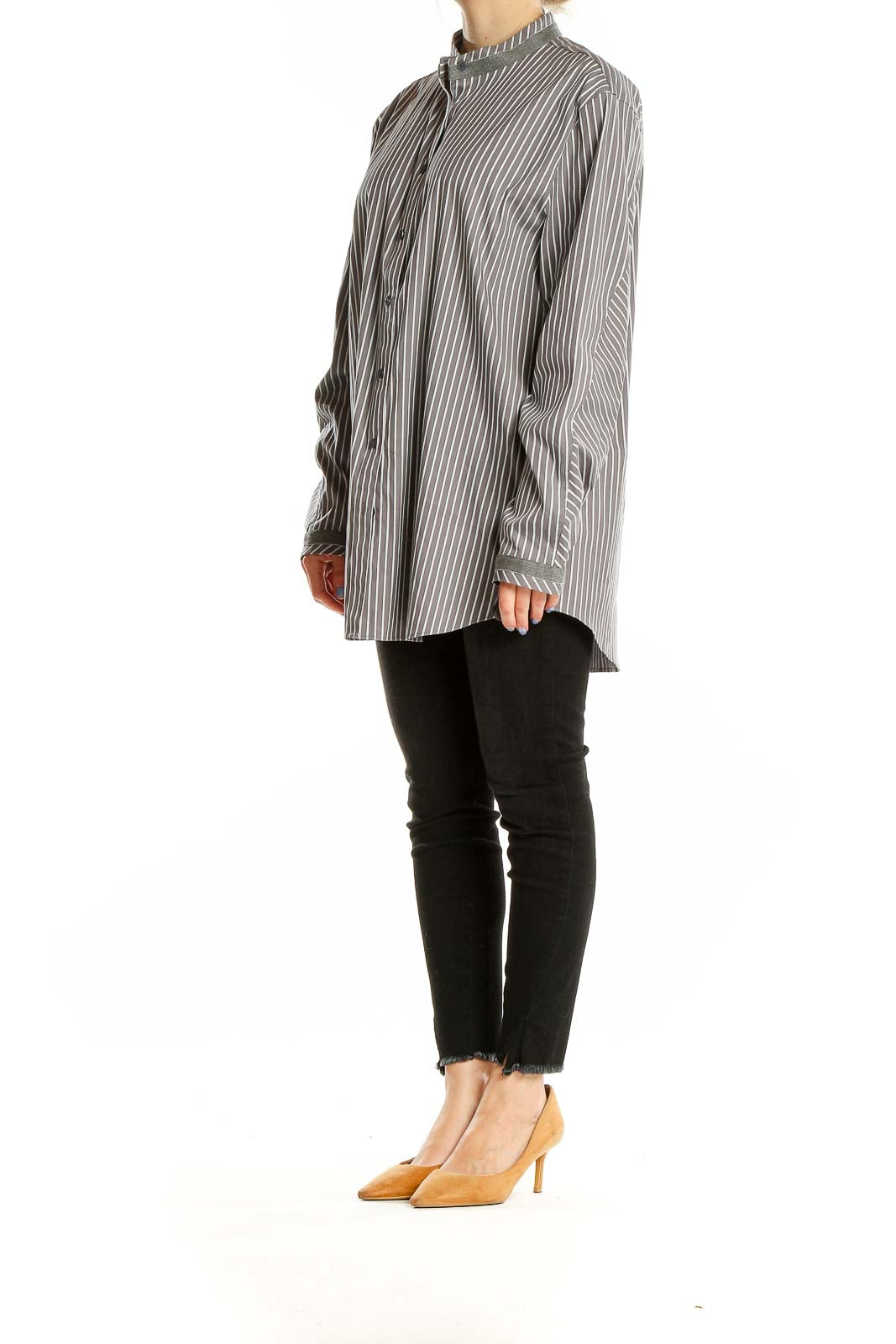 Front view of Lafayette 148 New York gray striped button-down tunic