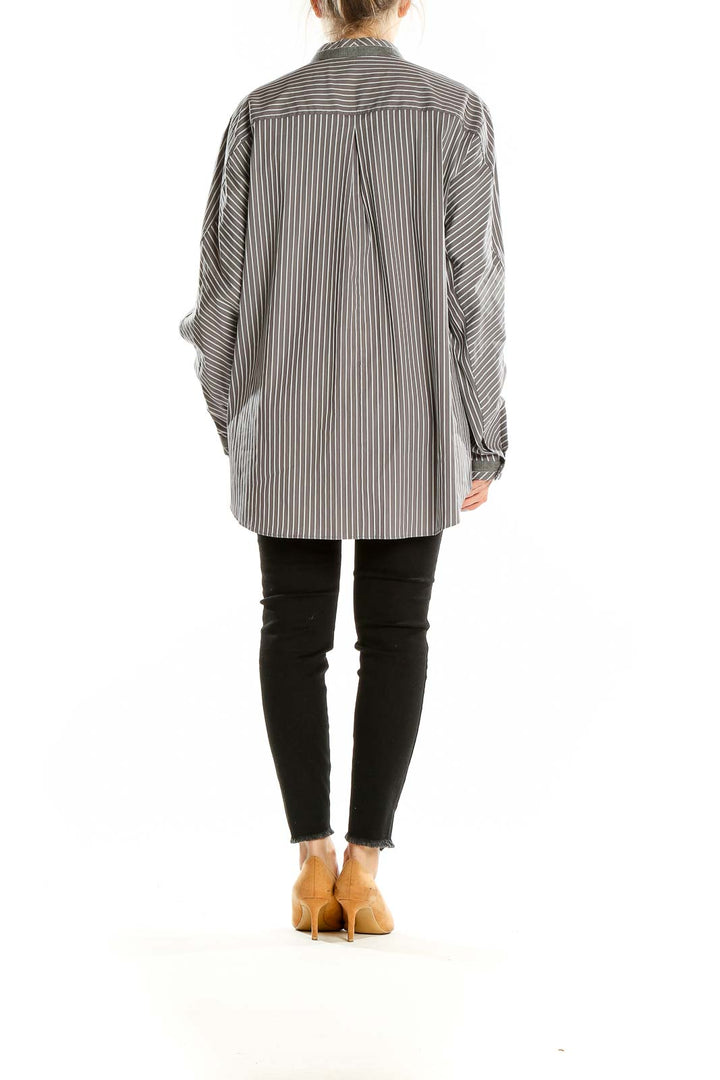 Back view of Lafayette 148 New York gray striped button-down tunic showing relaxed fit