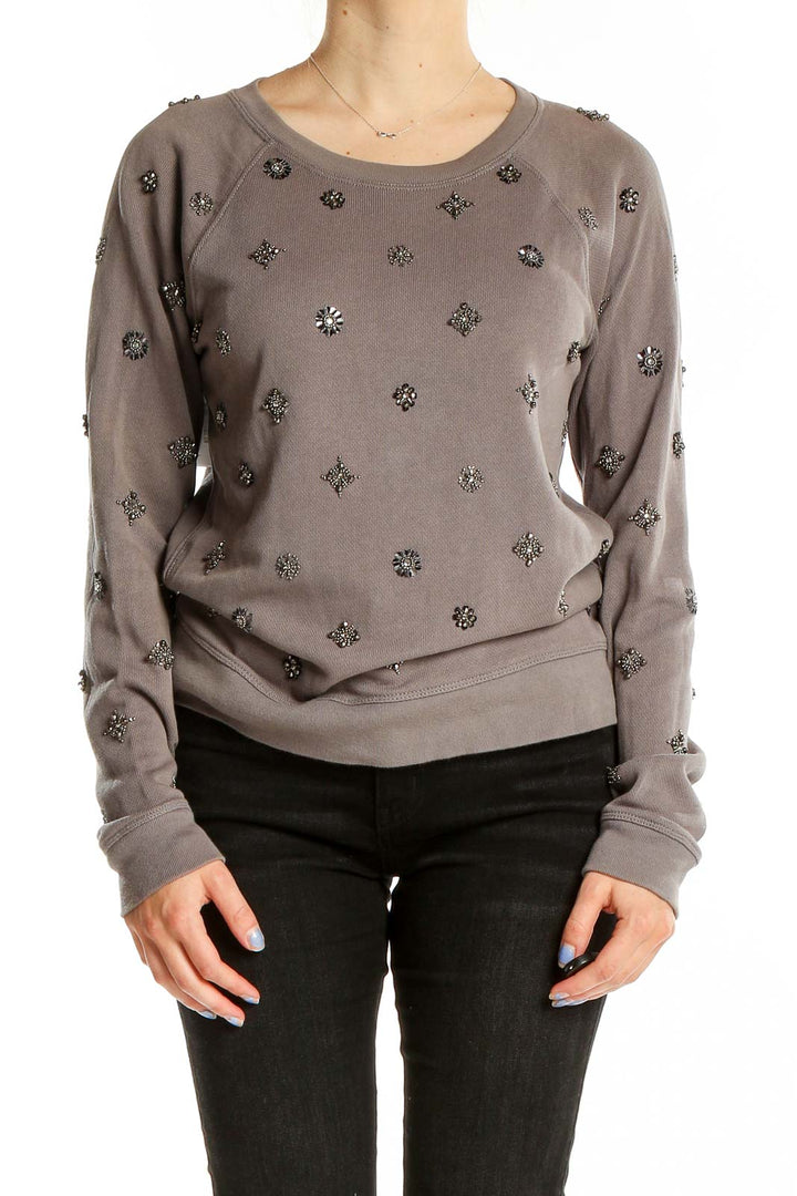 Front view of J.Crew taupe embellished cotton knit sweater