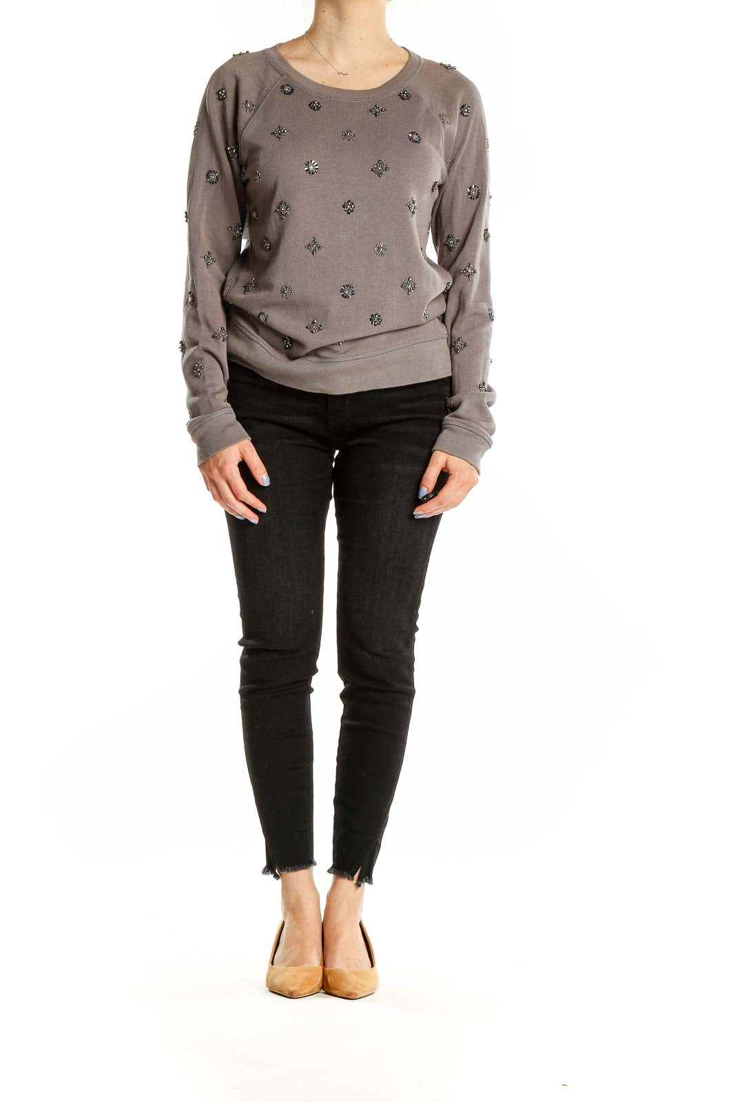 Front view of J.Crew taupe embellished cotton knit sweater