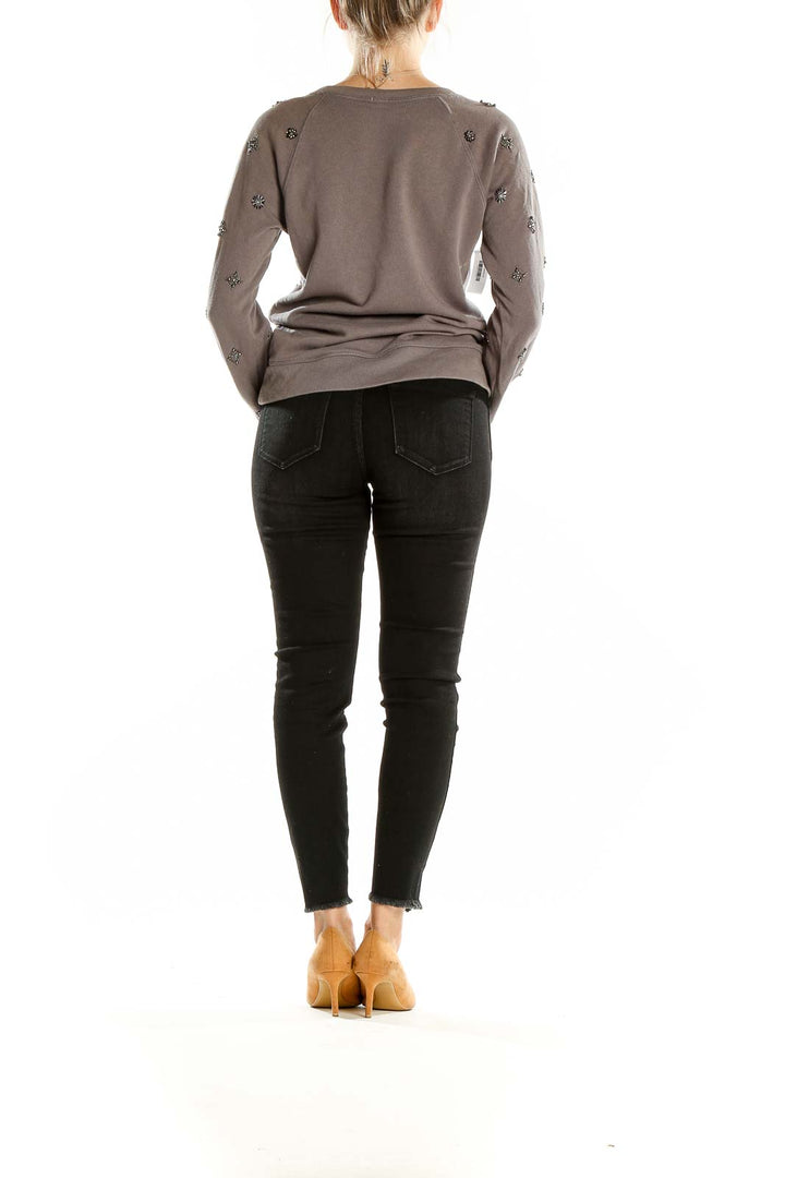 Back view of J.Crew taupe embellished cotton knit sweater