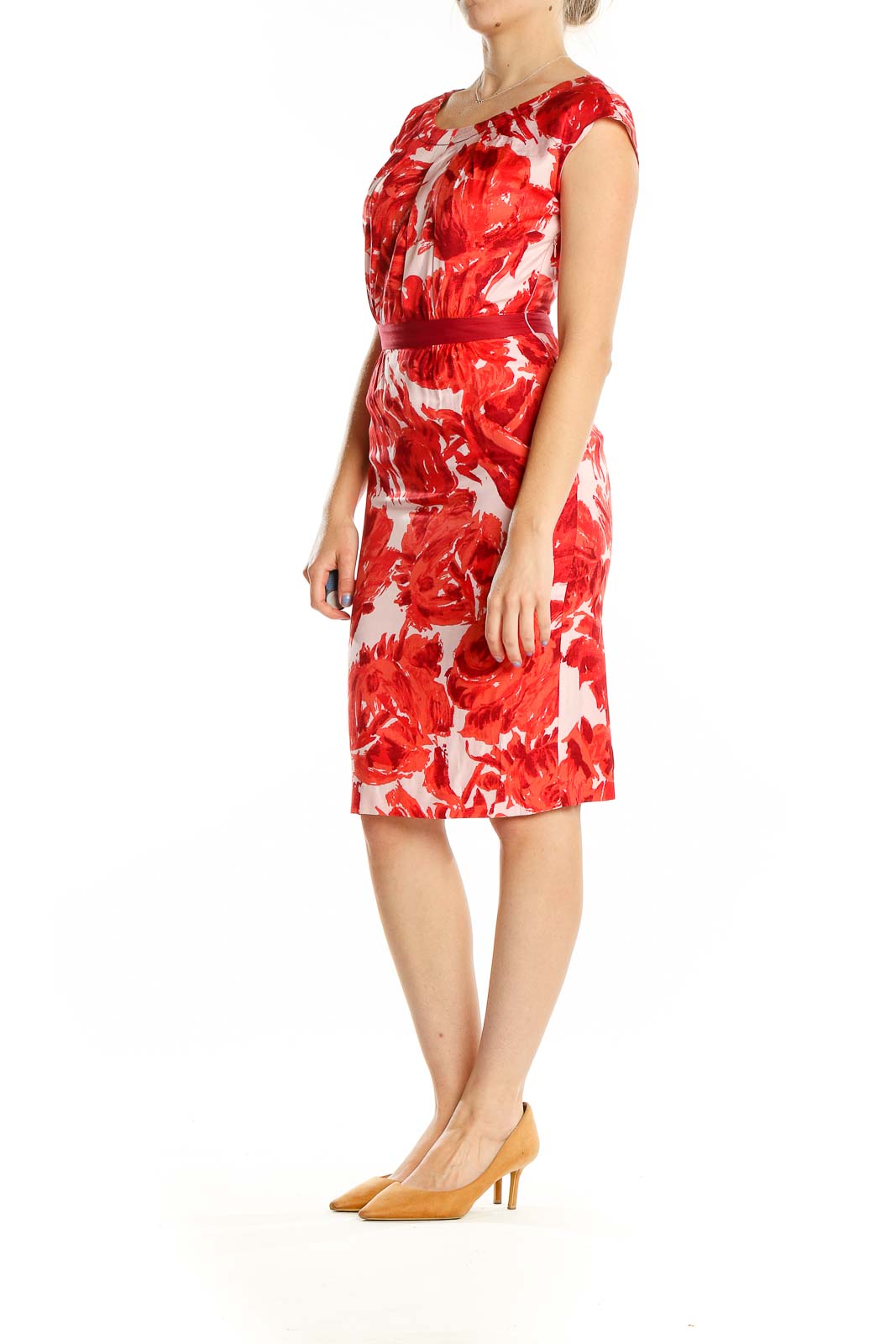 Front view of Boden red floral cap sleeve sheath dress