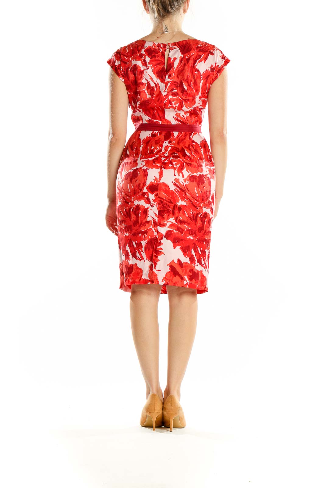 Back view of Boden red floral cap sleeve sheath dress