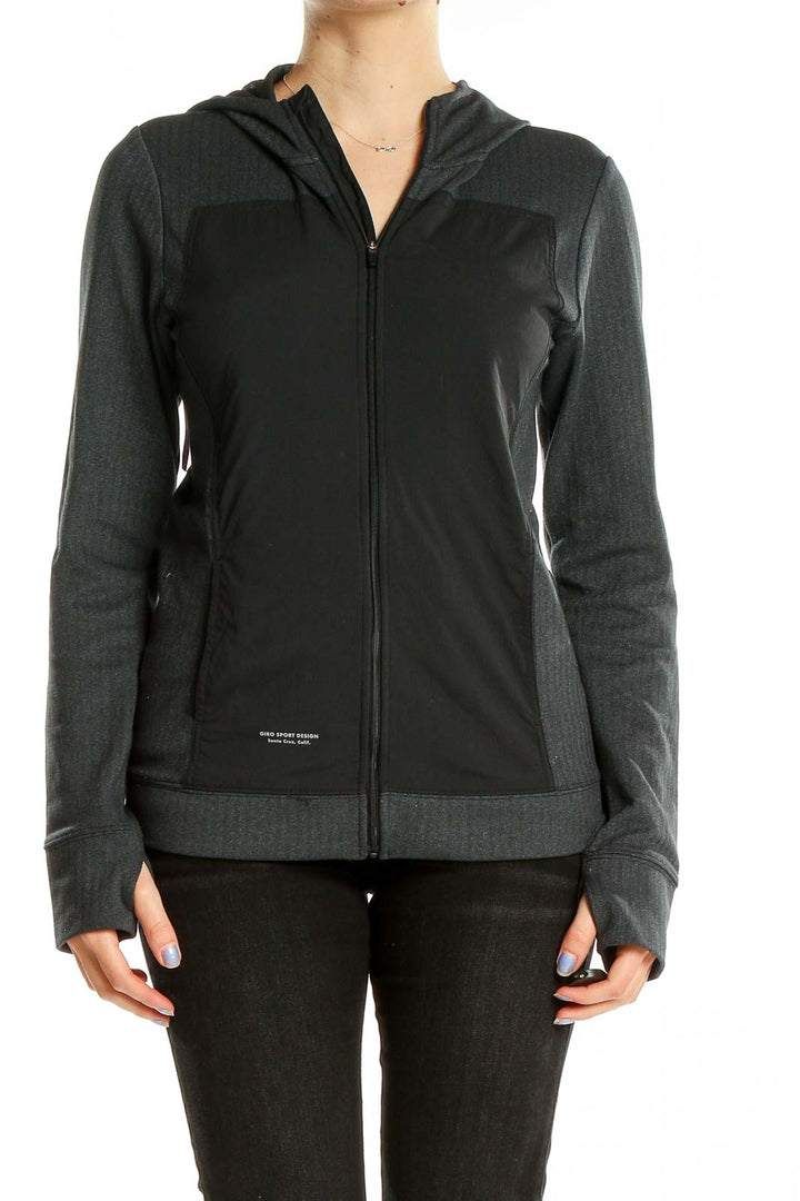 Front view of black GIRO SPORT DESIGN zip-up hooded jacket