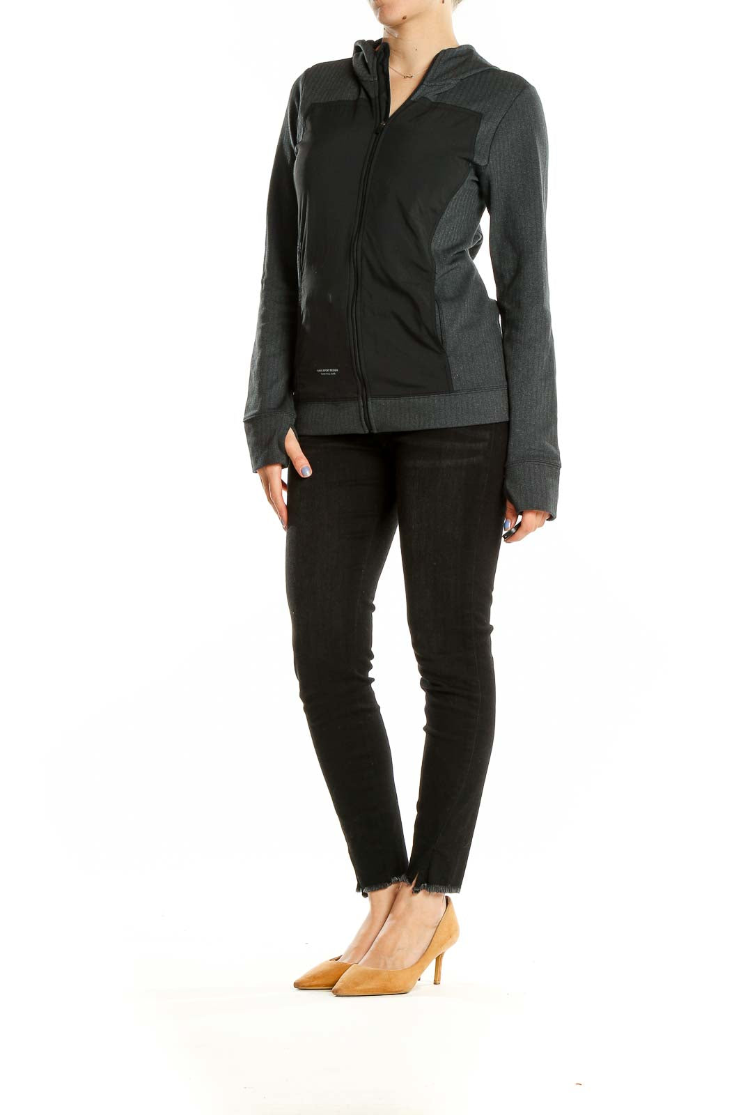 Front view of black GIRO SPORT DESIGN zip-up hooded jacket